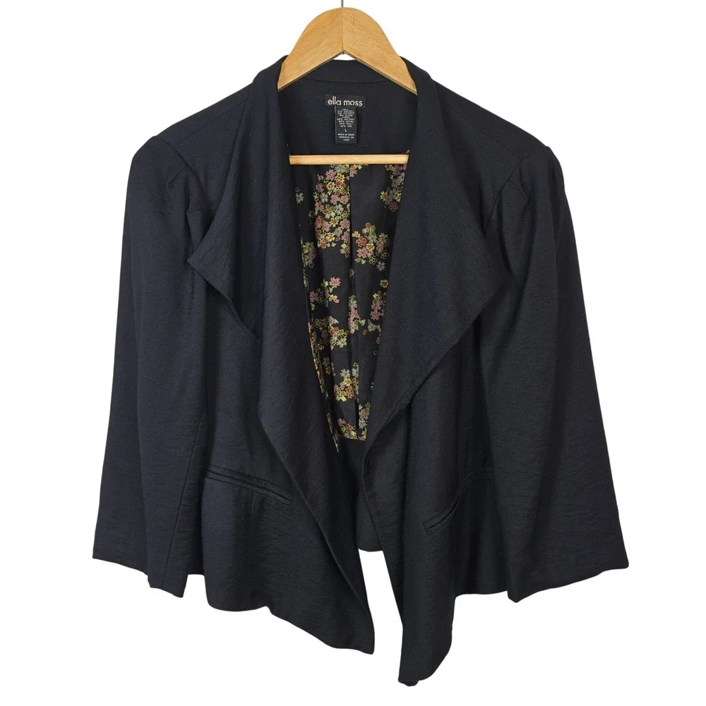 Ella Moss Black Drape Front Blazer Floral Silk Blend Lining‎ 3/4 Sleeve Large